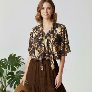 Floral Cropped Flowy Boho Peasant Blouse Chocolate and Yellow Medium